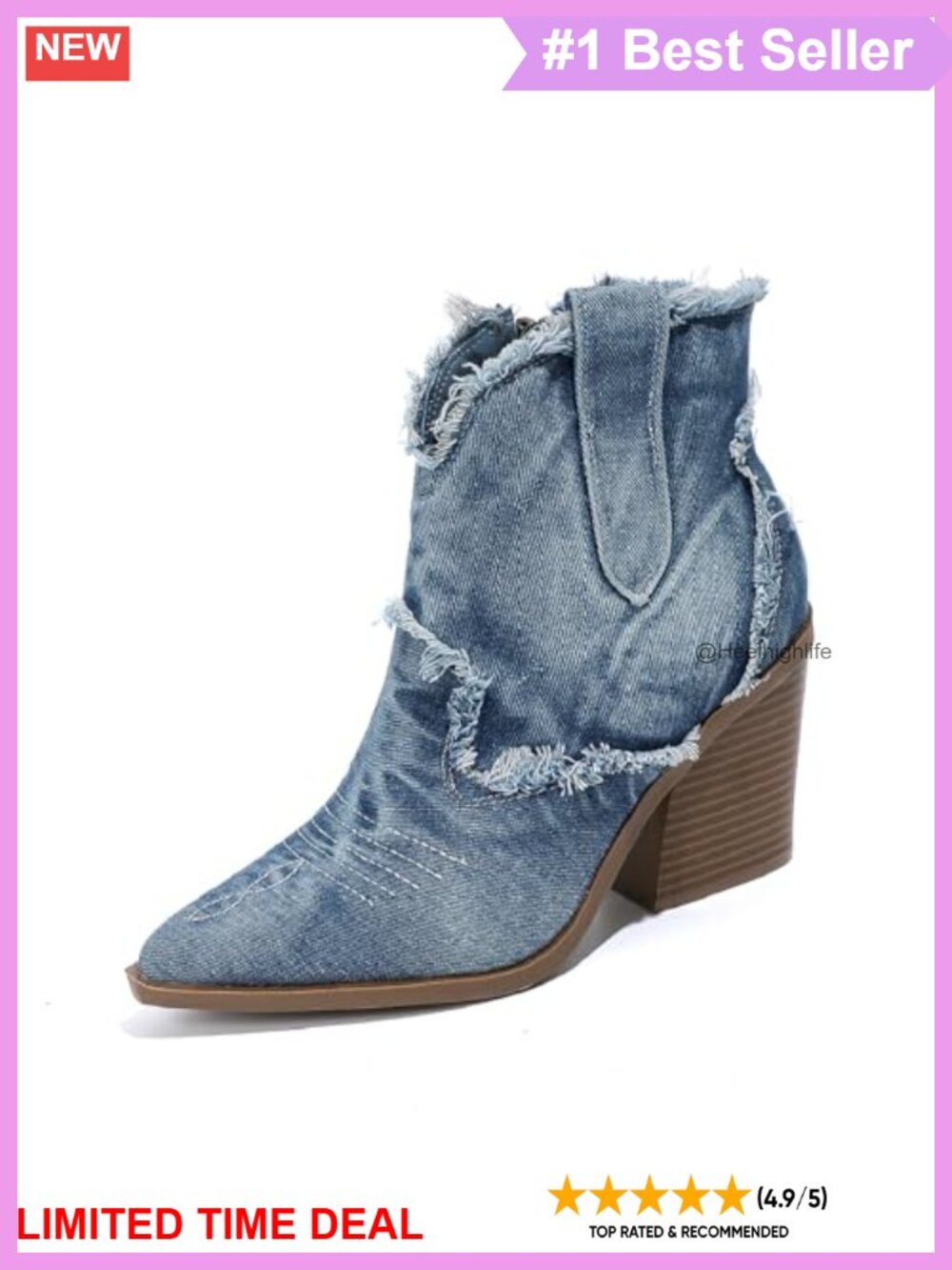 Denim Embroidered Western Ankle Booties Pointed Toe Stacked Heel Cowgirl Boots